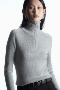 Sale COS RIBBED WOOL HALF-ZIP TOP LIGHT GRAY MÉLANGE