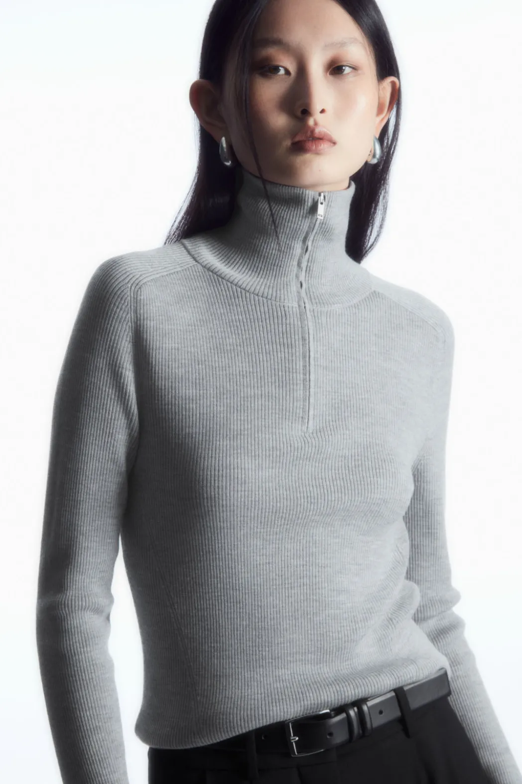 Sale COS RIBBED WOOL HALF-ZIP TOP LIGHT GRAY MÉLANGE