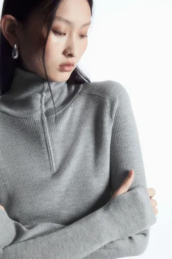 Sale COS RIBBED WOOL HALF-ZIP TOP LIGHT GRAY MÉLANGE