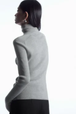 Sale COS RIBBED WOOL HALF-ZIP TOP LIGHT GRAY MÉLANGE