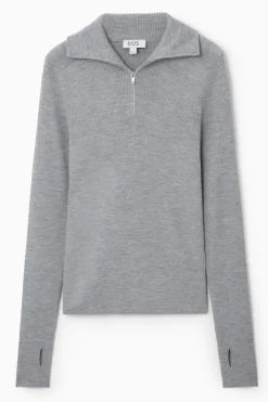 Sale COS RIBBED WOOL HALF-ZIP TOP LIGHT GRAY MÉLANGE