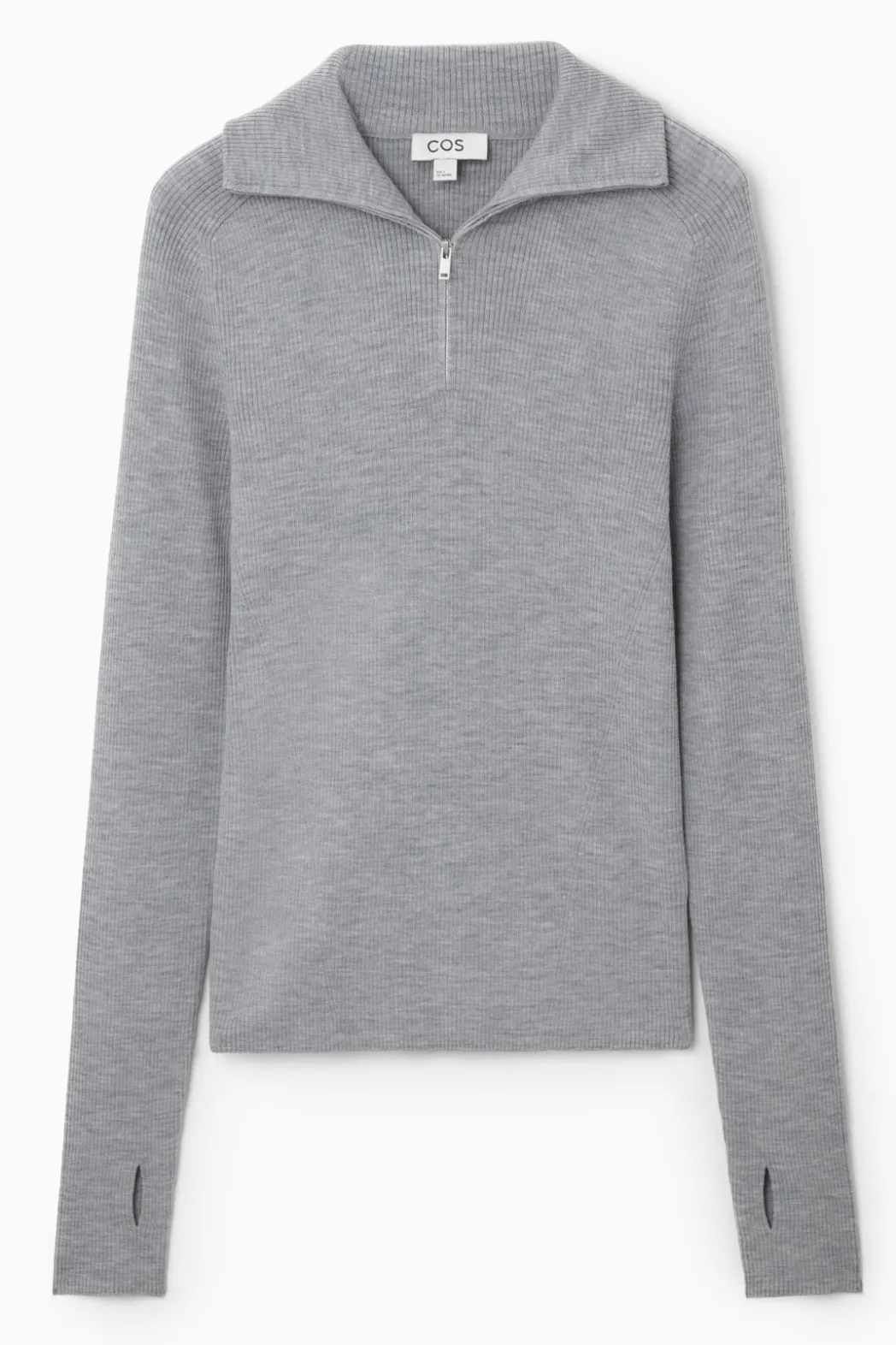 Sale COS RIBBED WOOL HALF-ZIP TOP LIGHT GRAY MÉLANGE