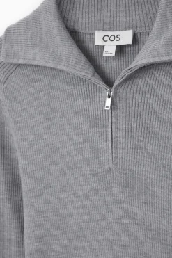 Sale COS RIBBED WOOL HALF-ZIP TOP LIGHT GRAY MÉLANGE