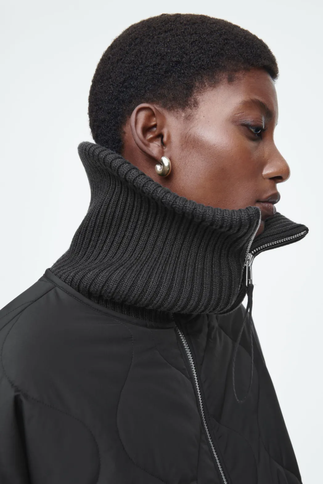 Clearance COS RIBBED-COLLAR QUILTED COAT BLACK