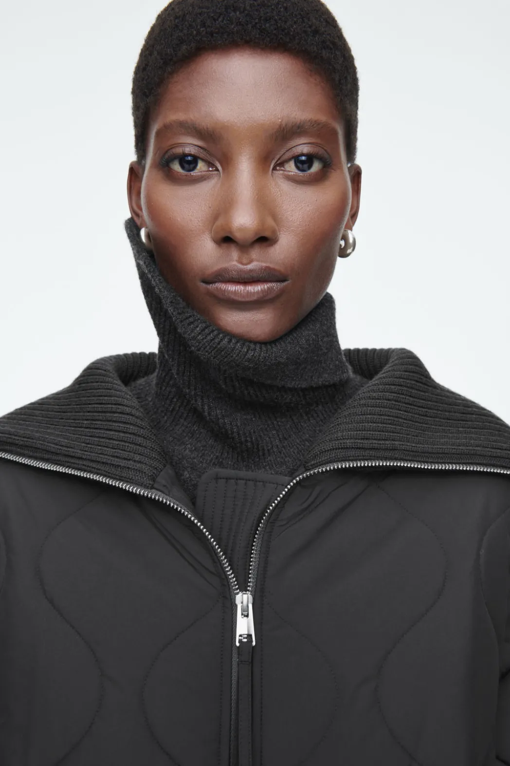 Clearance COS RIBBED-COLLAR QUILTED COAT BLACK