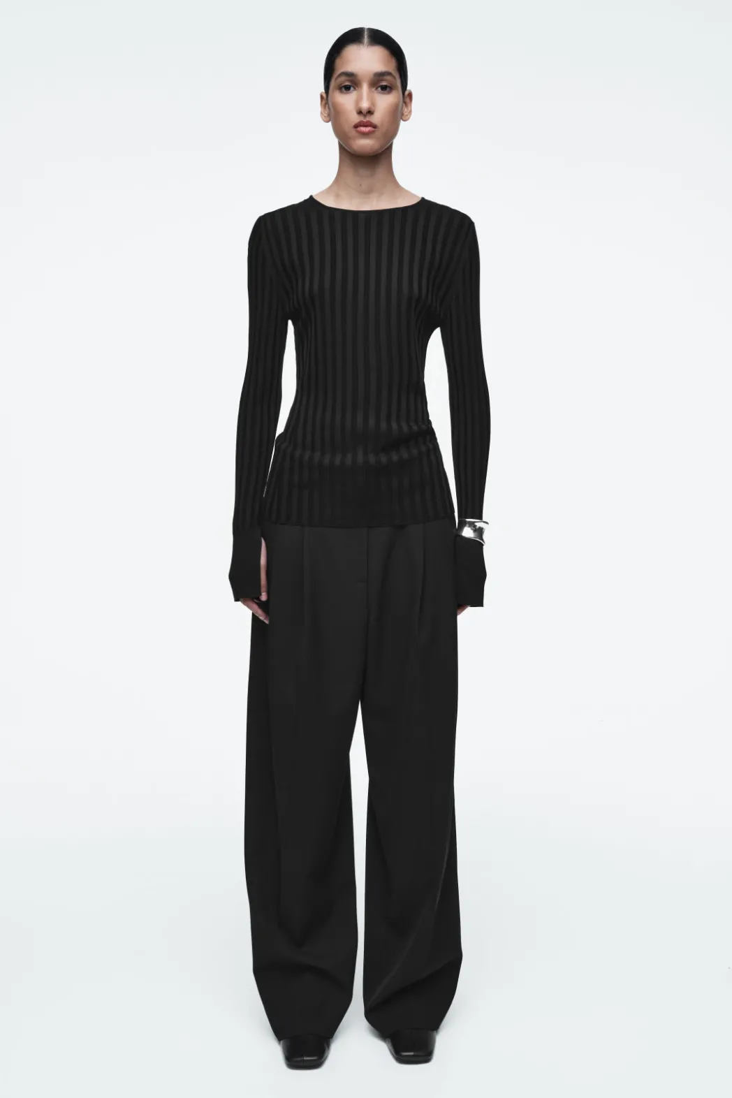 Hot COS RIB-KNIT LONG-SLEEVED TOP BLACK