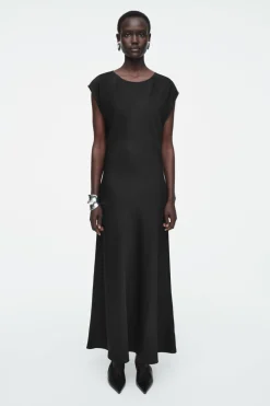 New COS RUCHED BIAS-CUT SATIN DRESS BLACK