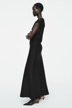 New COS RUCHED BIAS-CUT SATIN DRESS BLACK
