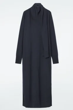 Online COS SCARF-DETAIL WOOL MAXI DRESS NAVY