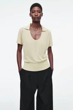 COS SCOOP-NECK KNITTED POLO SHIRT STONE