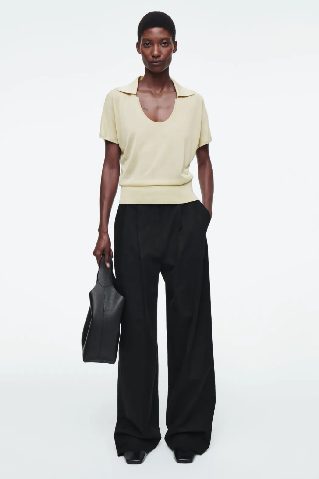 COS SCOOP-NECK KNITTED POLO SHIRT STONE