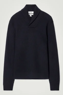 Best COS SHAWL-COLLAR RIBBED MERINO WOOL JUMPER NAVY