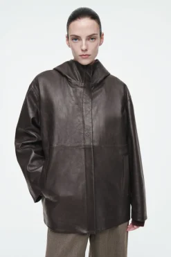 Online COS SHEARLING-LINED NAPPA HOODED JACKET DARK BROWN