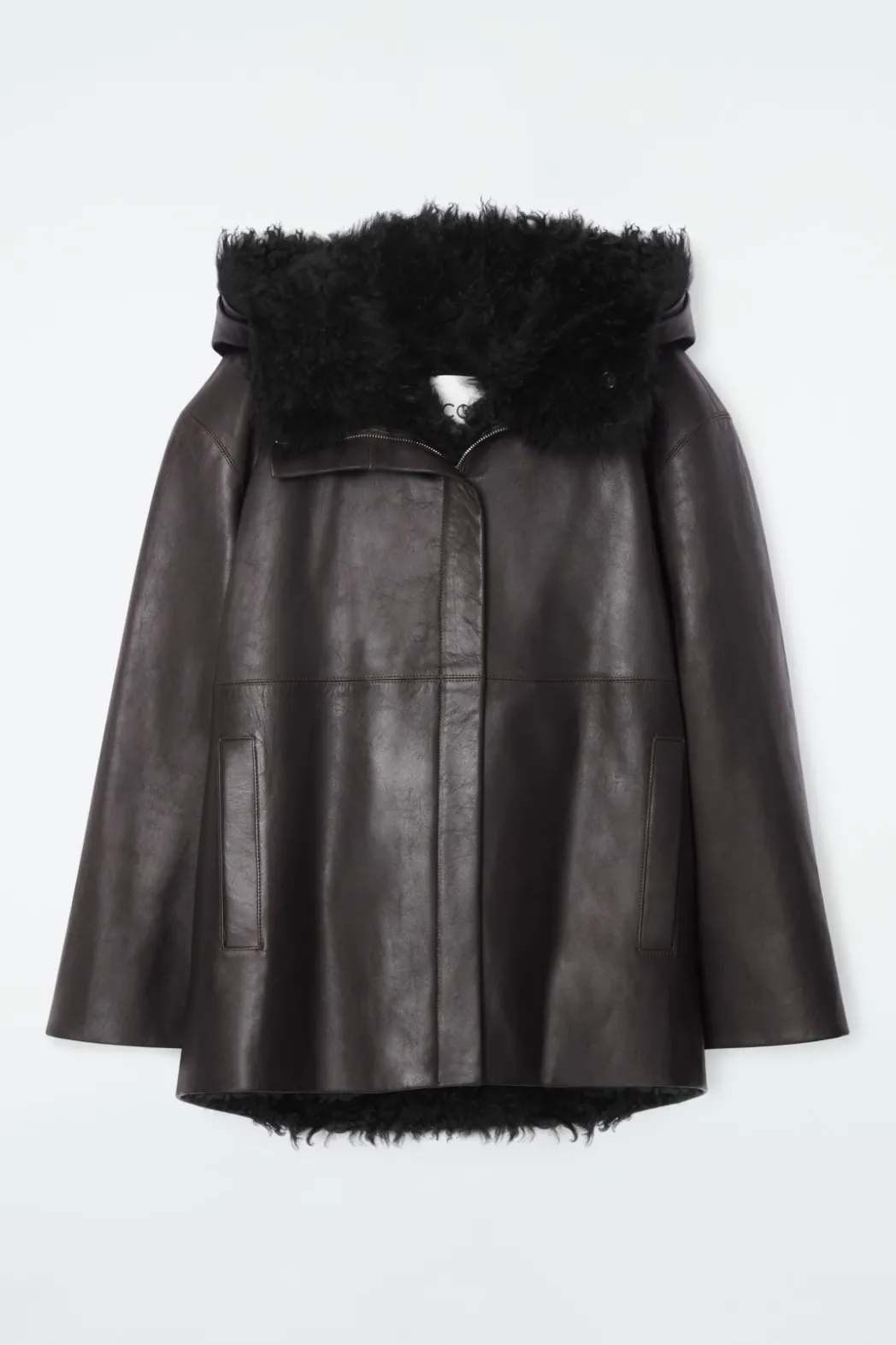 Online COS SHEARLING-LINED NAPPA HOODED JACKET DARK BROWN
