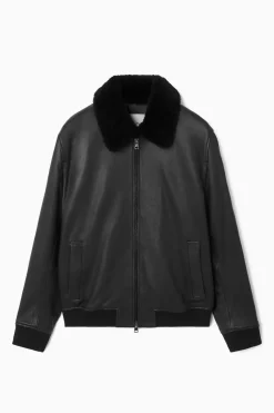 Best COS SHEARLING-TRIMMED LEATHER BOMBER JACKET BLACK