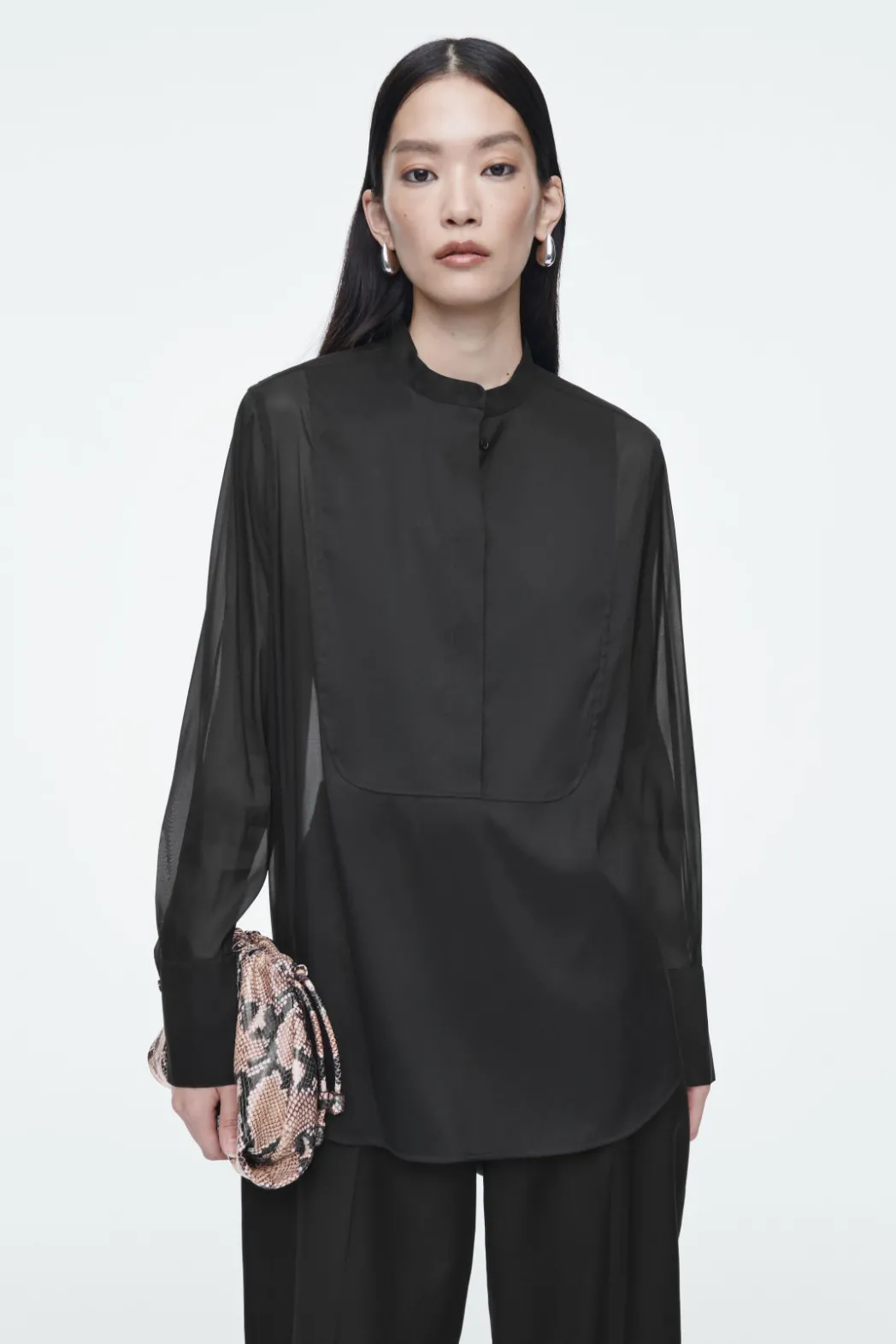 Best COS SHEER SILK TUXEDO SHIRT BLACK