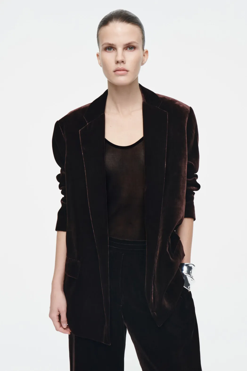 New COS SILK-BLEND VELVET BLAZER MAHOGANY