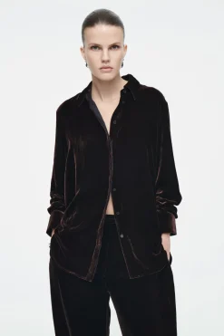 New COS SILK-BLEND VELVET SHIRT MAHOGANY