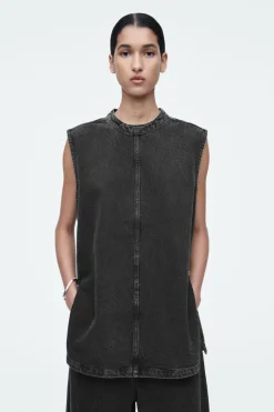 New COS SLEEVELESS ZIP-UP DENIM TOP CRINKLED BLACK