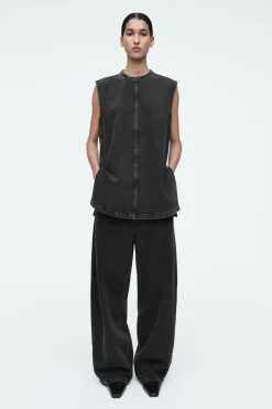 New COS SLEEVELESS ZIP-UP DENIM TOP CRINKLED BLACK