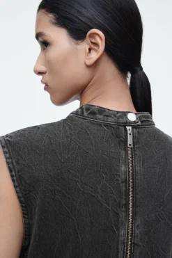 New COS SLEEVELESS ZIP-UP DENIM TOP CRINKLED BLACK