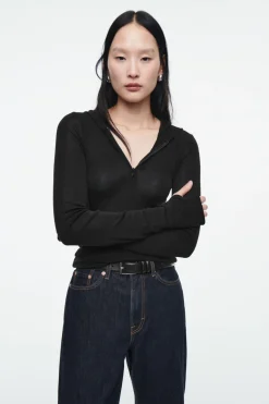 Best COS SLIM HALF-ZIP WOOL HOODIE BLACK