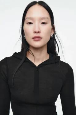 Best COS SLIM HALF-ZIP WOOL HOODIE BLACK