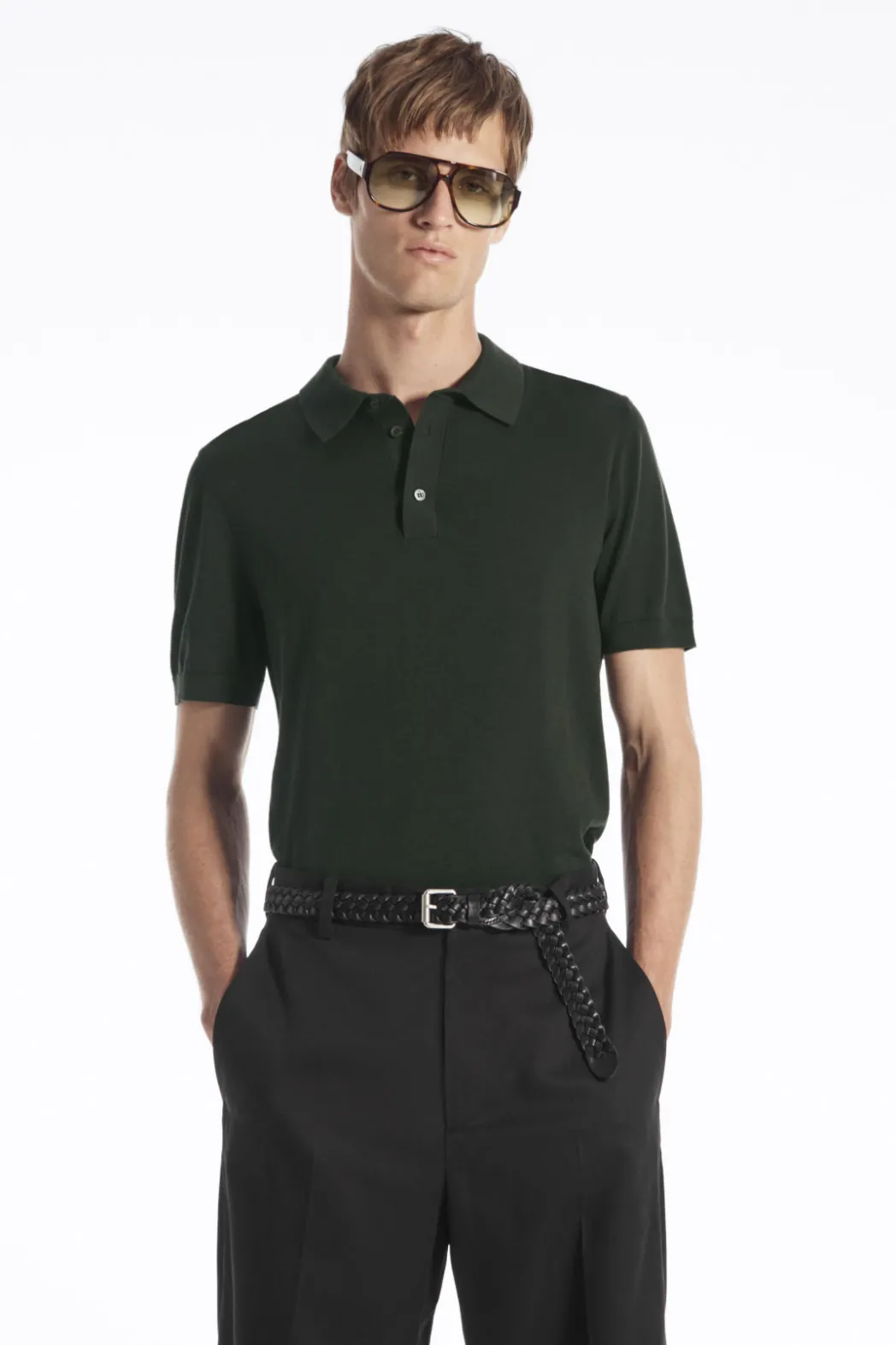 Online COS SLIM KNITTED SILK POLO SHIRT DARK GREEN