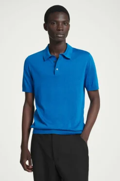 COS SLIM KNITTED SILK POLO SHIRT COBALT BLUE