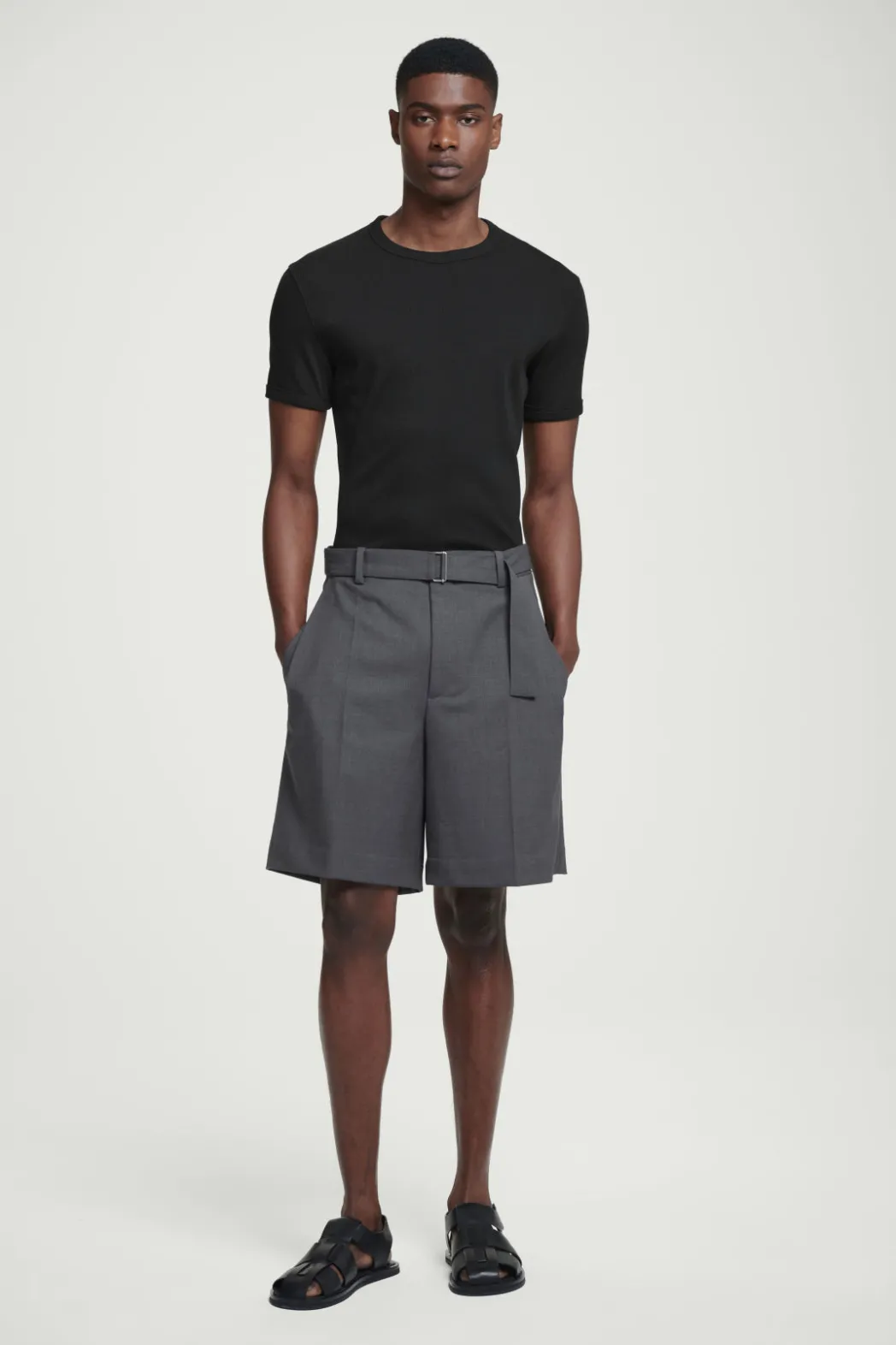 Discount COS SLIM RIBBED COTTON T-SHIRT BLACK