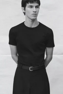 Discount COS SLIM RIBBED COTTON T-SHIRT BLACK