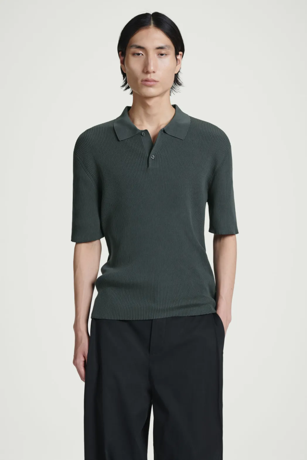 Sale COS SLIM RIBBED-KNIT POLO SHIRT DARK GREEN
