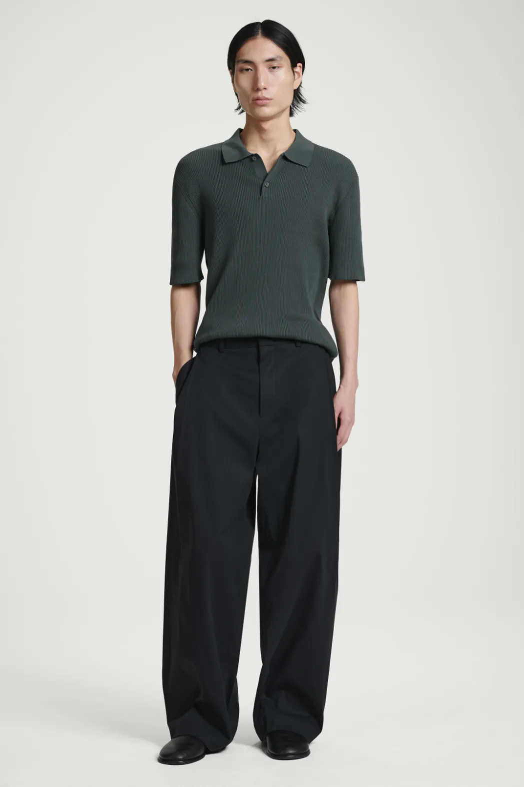 Sale COS SLIM RIBBED-KNIT POLO SHIRT DARK GREEN