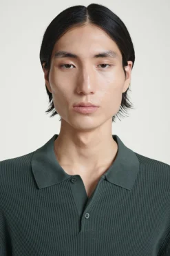 Sale COS SLIM RIBBED-KNIT POLO SHIRT DARK GREEN