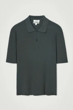 Sale COS SLIM RIBBED-KNIT POLO SHIRT DARK GREEN