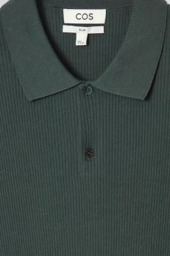 Sale COS SLIM RIBBED-KNIT POLO SHIRT DARK GREEN