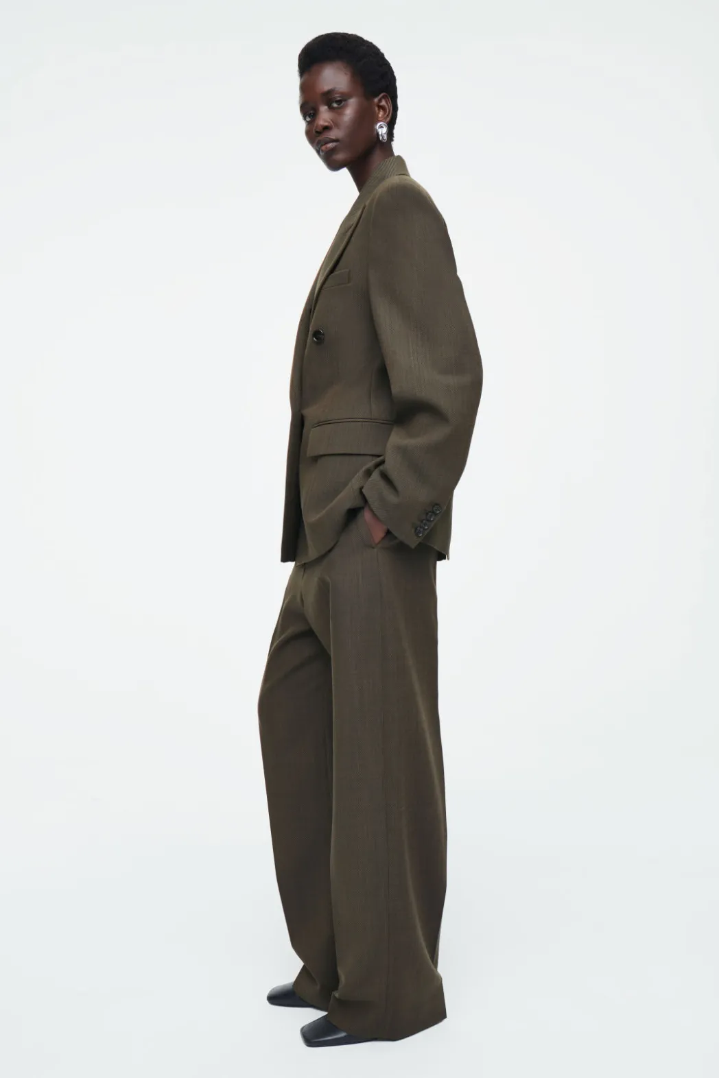 New COS SLIM WAISTED DOUBLE-BREASTED WOOL BLAZER DARK KHAKI