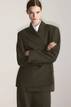 New COS SLIM WAISTED DOUBLE-BREASTED WOOL BLAZER DARK KHAKI