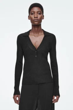 Discount COS SPARKLY RIBBED-KNIT POLO SHIRT BLACK