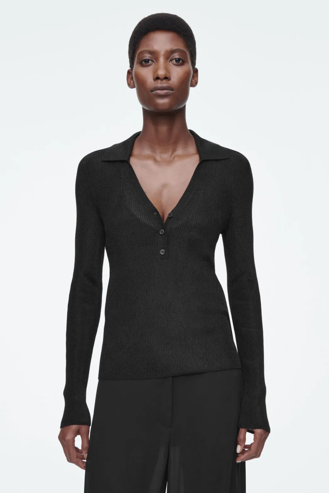 Discount COS SPARKLY RIBBED-KNIT POLO SHIRT BLACK