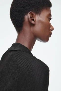 Discount COS SPARKLY RIBBED-KNIT POLO SHIRT BLACK