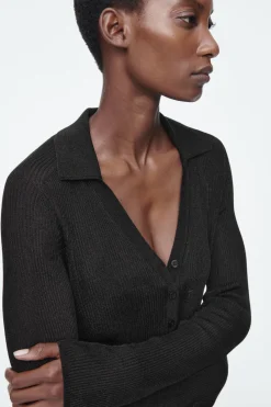 Discount COS SPARKLY RIBBED-KNIT POLO SHIRT BLACK