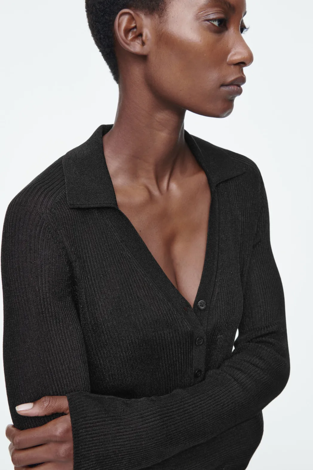 Discount COS SPARKLY RIBBED-KNIT POLO SHIRT BLACK