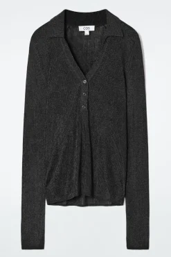 Discount COS SPARKLY RIBBED-KNIT POLO SHIRT BLACK