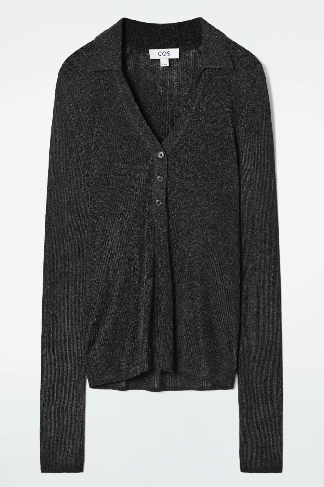 Discount COS SPARKLY RIBBED-KNIT POLO SHIRT BLACK