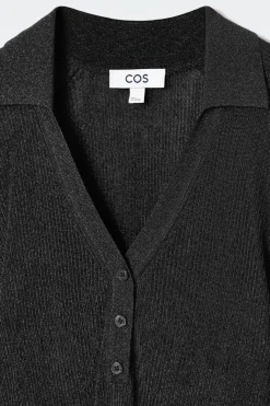 Discount COS SPARKLY RIBBED-KNIT POLO SHIRT BLACK