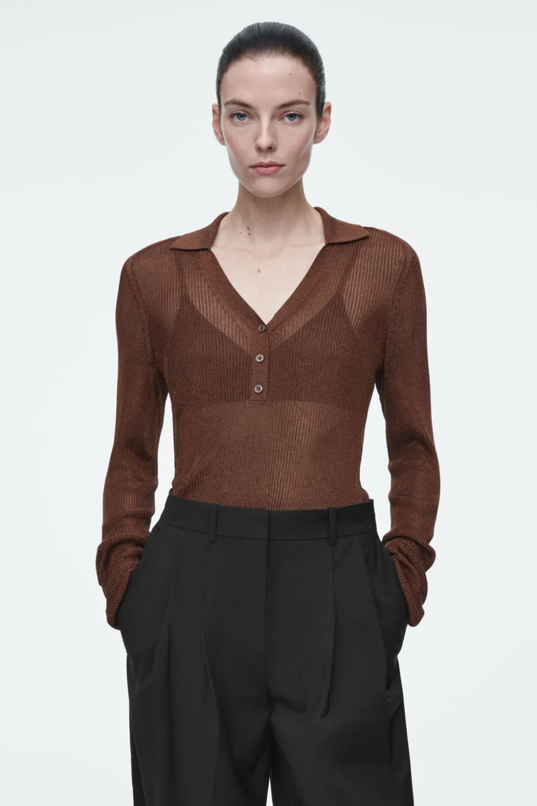 Sale COS SPARKLY RIBBED-KNIT POLO SHIRT MAHOGANY