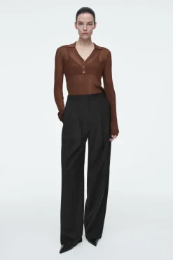 Sale COS SPARKLY RIBBED-KNIT POLO SHIRT MAHOGANY