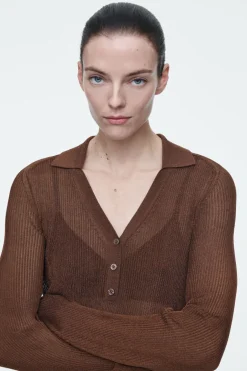 Sale COS SPARKLY RIBBED-KNIT POLO SHIRT MAHOGANY