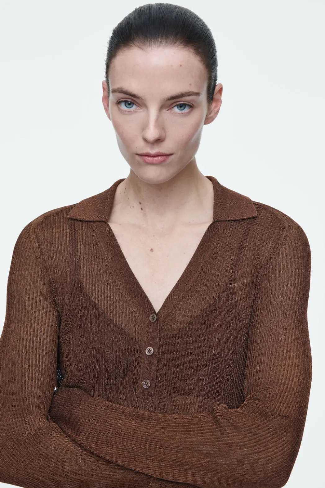 Sale COS SPARKLY RIBBED-KNIT POLO SHIRT MAHOGANY